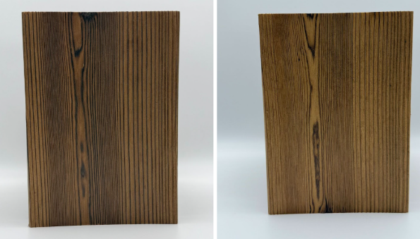 This image depicts a comparison of non-faded Shou Sugi Ban wood (L) vs. faded Shou Sugi Ban wood (R).