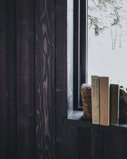 A home interior featuring a darkly charred wood accent wall beside a large window, with vintage books.